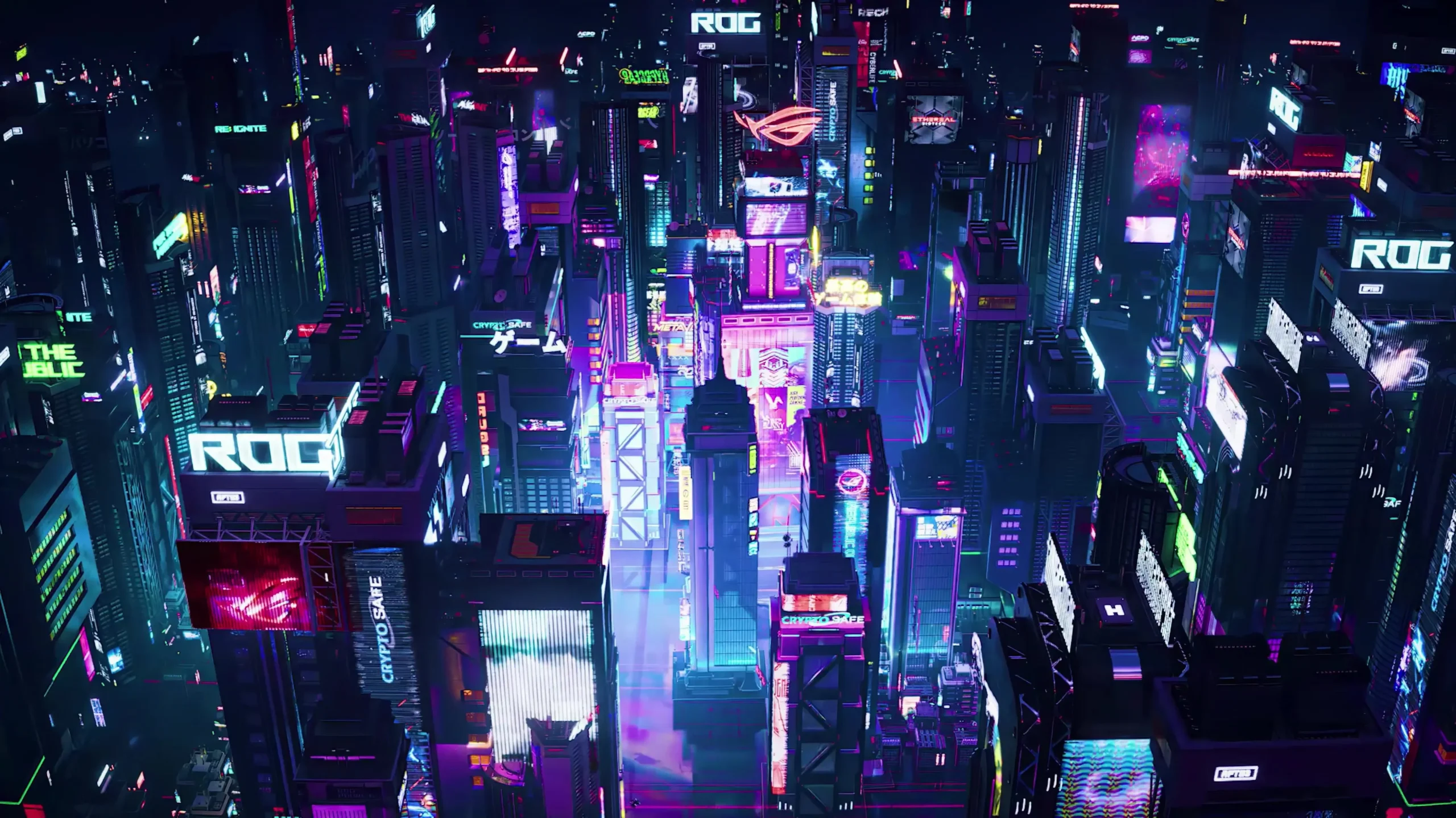 Neon-lit cityscape aerial view showcasing vibrant magenta, cyan, and purple lighting typical of ROG brand aesthetics
