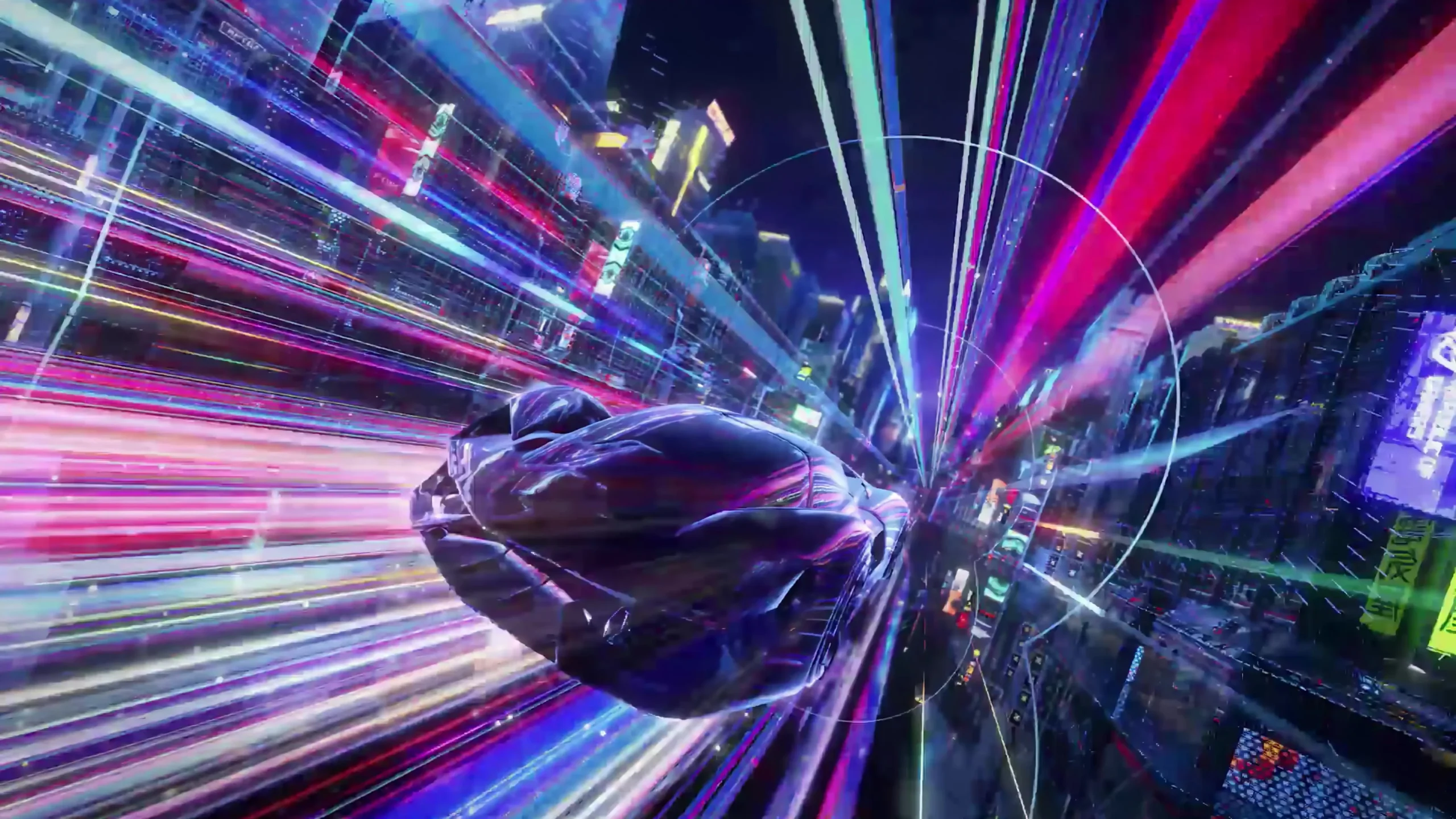 High-speed motion effect with neon light trails in magenta, cyan and white streaking across frame simulating 160Hz smooth gameplay