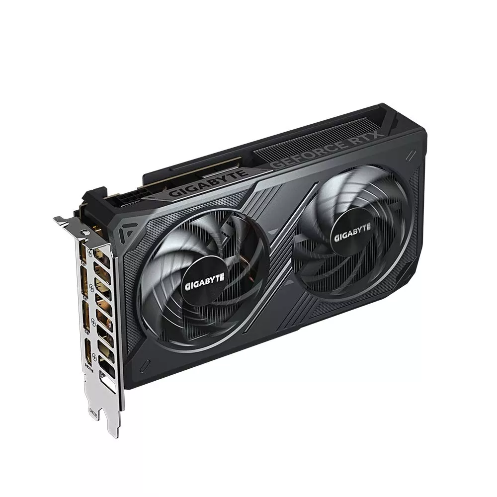 Gigabyte RTX 5060 WINDFORCE OC angled 3D view showcasing dual Hawk fan design and compact form factor