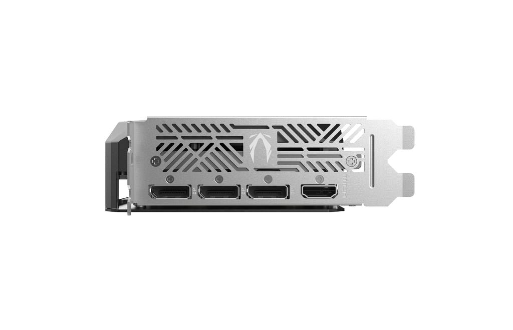 ZOTAC RTX 5050 Twin Edge rear I/O connectivity showing 3x DisplayPort 2.1b and 1x HDMI 2.1b outputs with metal backplate and cooling fins