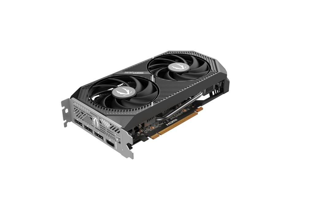 ZOTAC GAMING GeForce RTX 5050 Twin Edge angled 3D perspective view displaying compact dual-fan cooling design and sleek black shroud