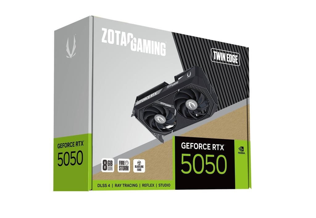 ZOTAC GAMING GeForce RTX 5050 Twin Edge retail packaging box featuring product imagery, 8GB GDDR6 specification, and DLSS 4 ray tracing feature callouts