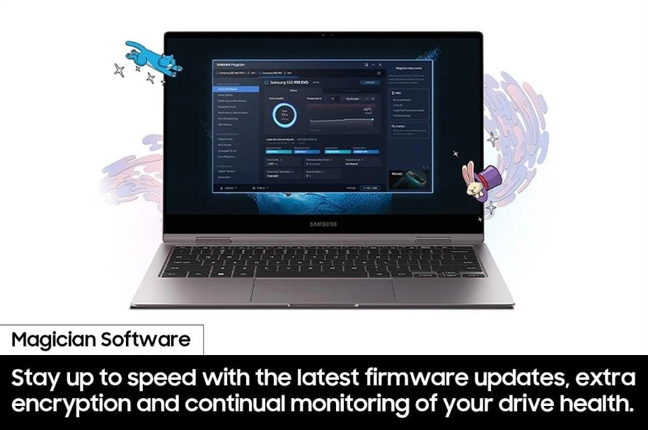 Samsung Magician software dashboard showing real-time drive monitoring, firmware updates, and health metrics