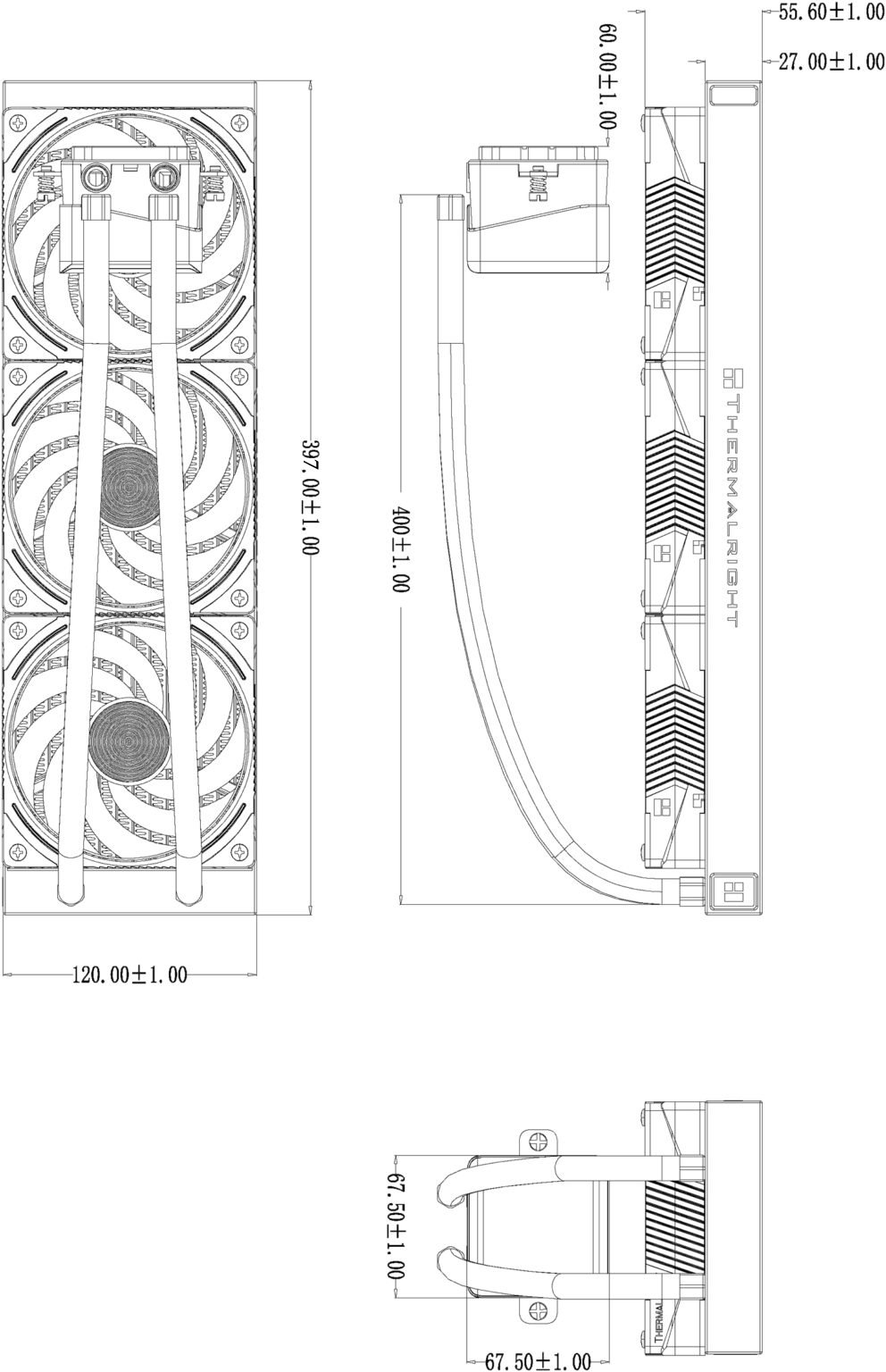 Thermalright Frozen Vision 360 ARGB BLACK V2 front and side technical dimensions diagram showing 397mm radiator length and 120mm width
