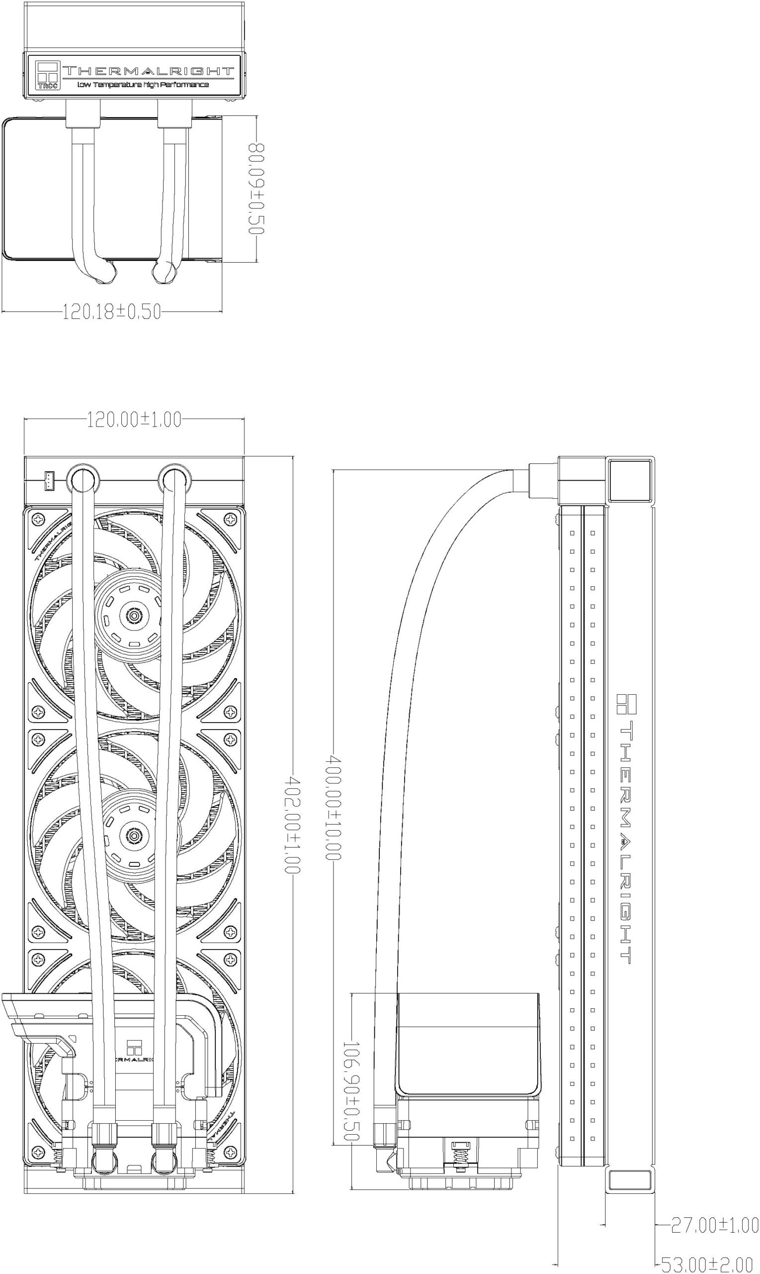 Thermalright Wonder Vision 360 UB ARGB technical dimensions and assembly schematic