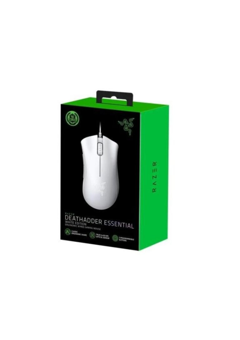 Razer DeathAdder Wired Essential Gaming Mouse 6400 DPI Optical Sensor 5 Programmable Buttons Mechanical Switches Rubber Side Grips-White